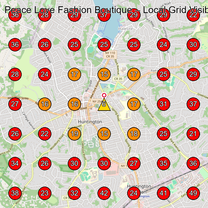 Peace Love Fashion Boutique GeoGrid visibility map for Clothing Store in Huntington